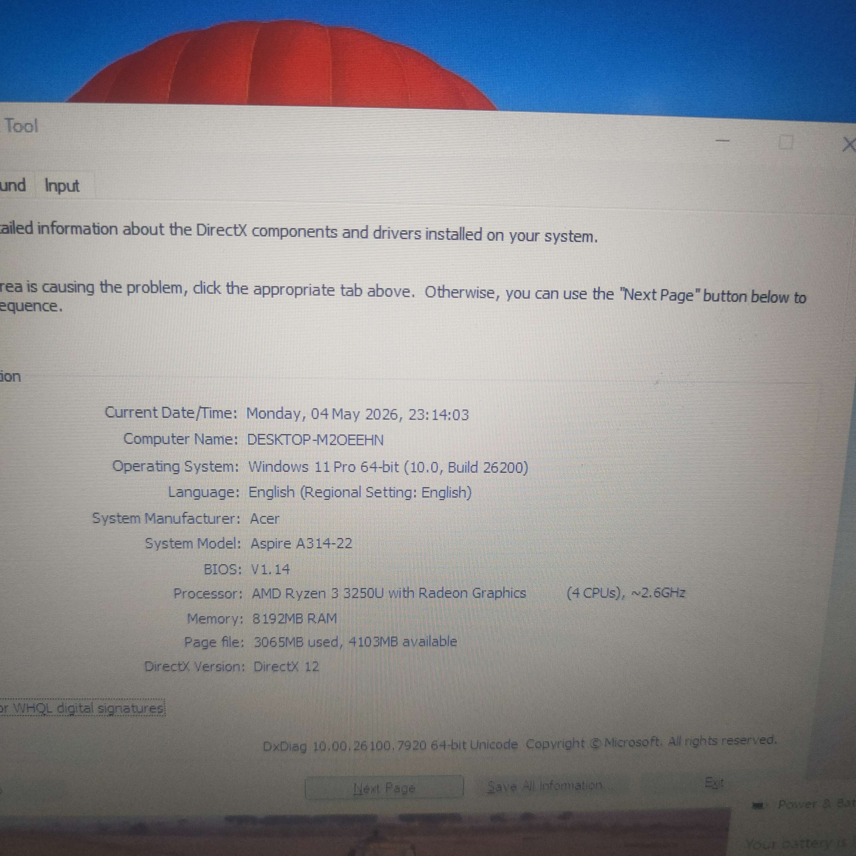 Acer Aspire A314 AMD Ryzen 3 3250U with Radeon Graphics Ram 8 SSD 256 GB